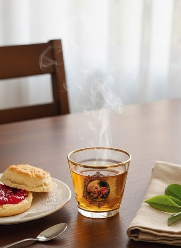 بريميم طقم أكواب شاي زجاجية مطبوعة بحواف ذهبية مكوّن من اثني عشر كوباً - Image 2